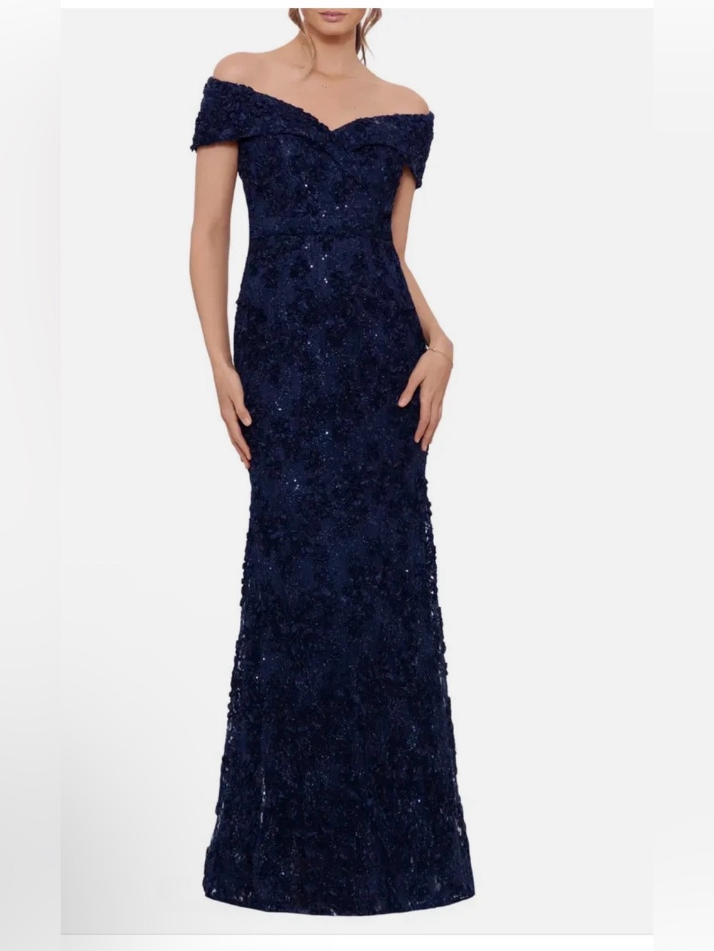 Xscape Navy One-Shoulder Lace Evening Gown